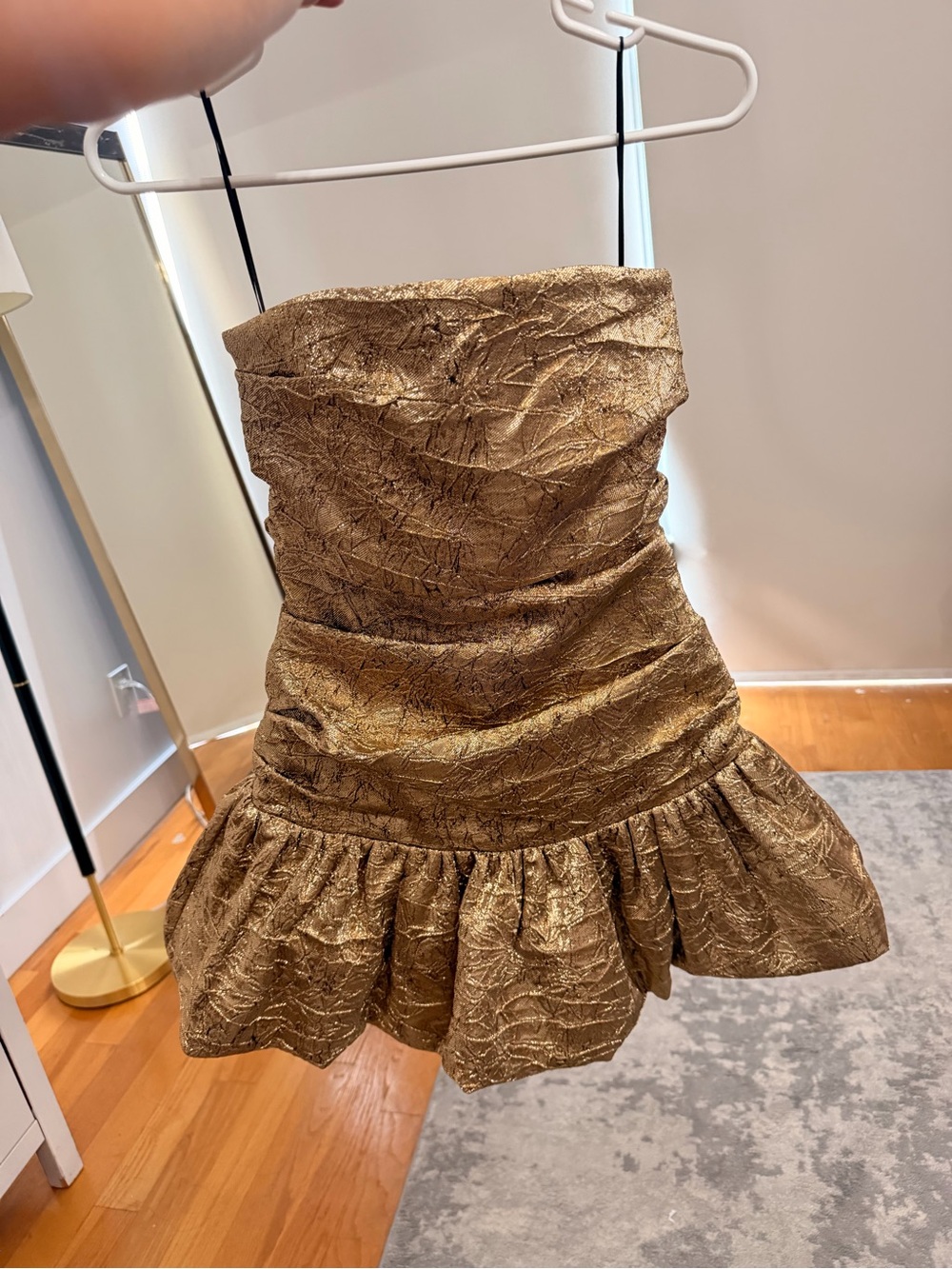 NADINE MERABI Strapless Metallic Gold Ruffle Hem Mini Dress - Picture 4 of 5